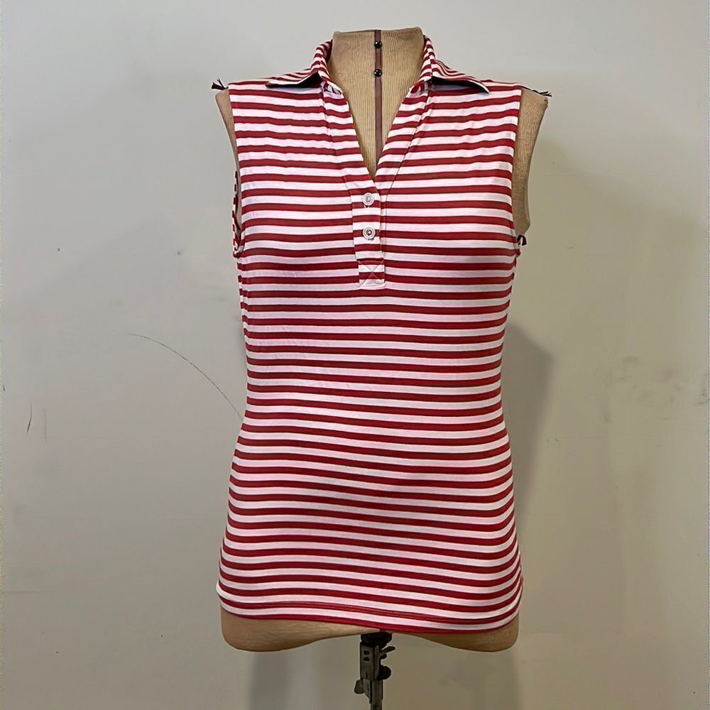 Lizzie Driver Red & White Stripe Sleeveless Polo Cut Top - Size Small